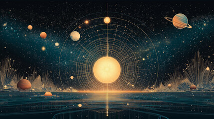 Celestial Harmony, featuring planets aligned along a central axis representing equilibrium, with copy space, The September Equinox