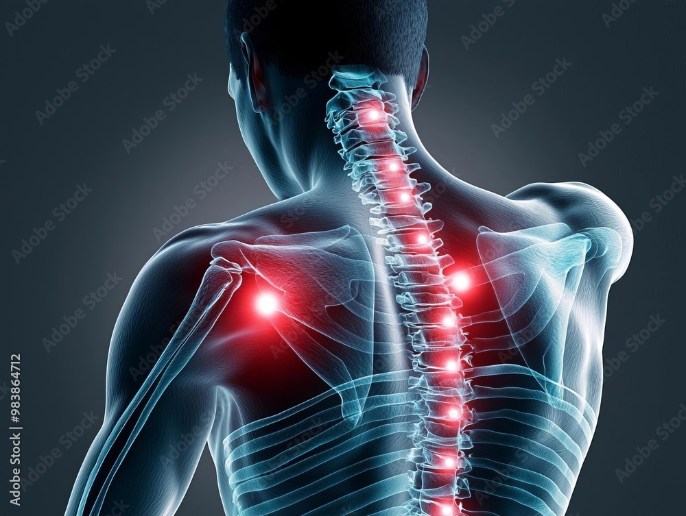 Triggr Point Back Highlighted back muscles with red spots indicating trigger points and ...