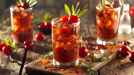 Wall Mural - Refreshing brutally mary and cherry beverage with a brown theme