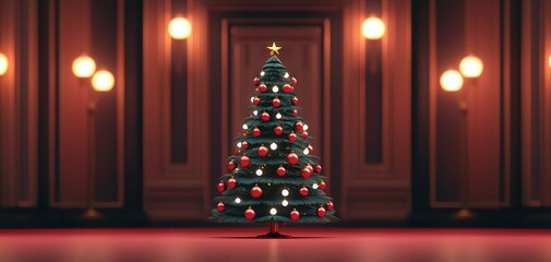 A beautifully decorated Christmas tree standing in a festive room, adorned with colorful ornaments and glowing lights.