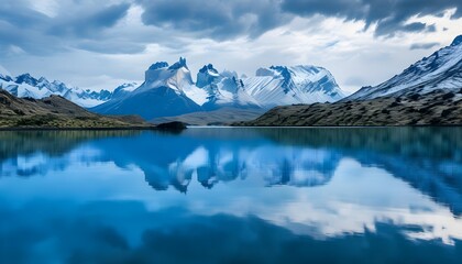 Wall Mural - Tranquil blue lake reflecting snowy mountains under a cloudy sky, creating a serene and peaceful atmosphere