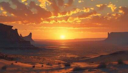 Serene desert landscape under a stunning sunset, with warm orange hues illuminating the clouds and earth in a tranquil atmosphere