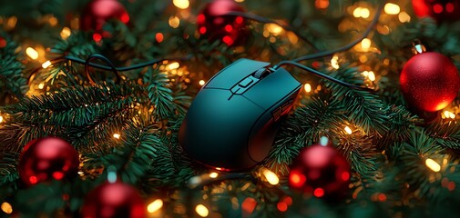 A sleek gaming mouse nestled in festive pine branches adorned with red ornaments and twinkling lights, perfect for tech lovers.