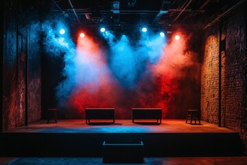 Sticker - A dimly lit stage with red and blue spotlights and smoke