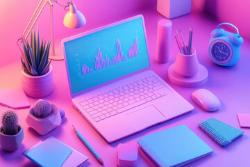 Digital marketing flat design top view strategy 3D render colored pastel