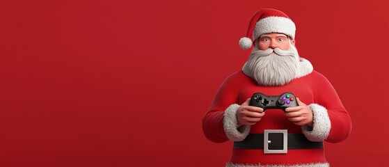 jolly santa claus gaming joyfully with a controller, spread festive cheer against a vibrant red back