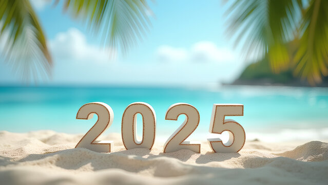 sign letter 2025 on a tropical beach New Year 2025 Concept of planning start career path business strategy opportunity and change
