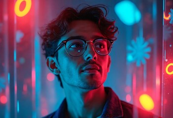 Wall Mural - Portrait of a Man in Glasses Surrounded by Colorful Geometric Elements and Reflections