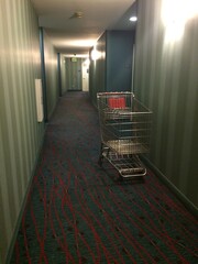 Empty Metal Shopping Cart in a Dimly Lit Hotel Hallway