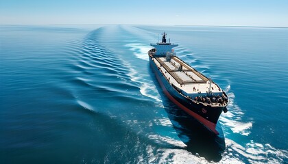 Wall Mural - Massive ship cruising through blue waters, leaving a trail of oil under a clear sky