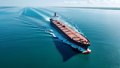 Wall Mural - Massive ship cruising through blue waters, leaving a trail of oil under a clear sky