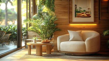 Sticker - Modern Living Room Interior Design with Plush Armchair and Natural Light