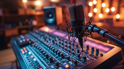 A microphone is on a sound board with a black cord