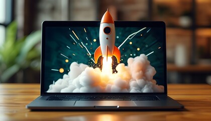 Wall Mural - Rocket launch from a laptop, symbolizing innovation and creativity in technology and business advancement