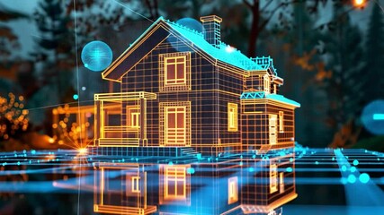 Aufkleber - The architectural design showcases a modern home with a detailed wireframe. Glowing lights create a vibrant atmosphere against a peaceful evening backdrop.