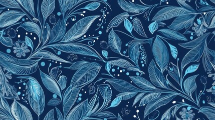 Wall Mural - Blue abstract seamless pattern featuring floral motifs stylized with leaves in a vintage boho ethnic style