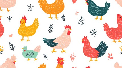 Sticker - Colorful chicken pattern illustration on a white background