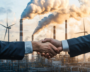 Business Agreement in Industrial Environment at Sunset