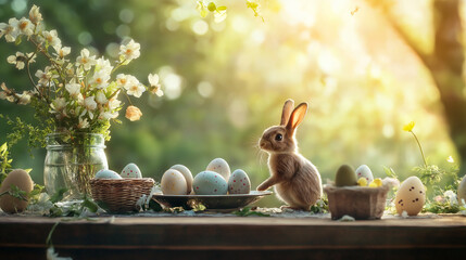 Wall Mural - A table set against a backdrop of Easter festivities, adorned with a small bunny and vibrant, colorful eggs.