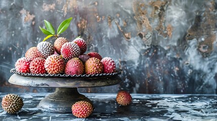 Wall Mural - Ripe and frozen lychee fruits on an iron platter resting on a solid bottom