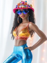 Aufkleber - Glamorous 90s-Inspired Holiday Fashion with Neon and Glitter in a Festive Disco-Themed Setting