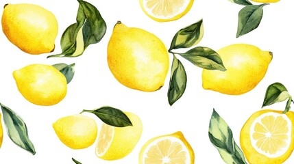 Wall Mural - Watercolor seamless pattern featuring lemons on a white background