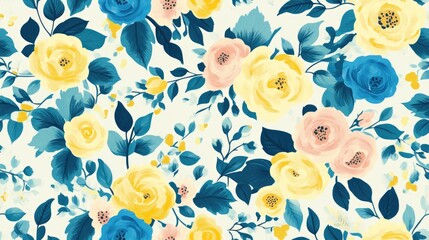 Seamless floral pattern featuring charming rose flowers and green leaves in blue yellow and pink hues