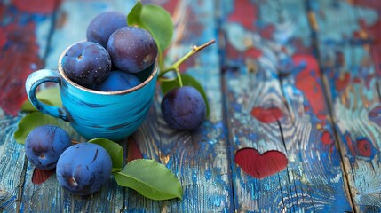 Ripe blue organic plums with a heart in a cup set on a vibrant oak backdrop