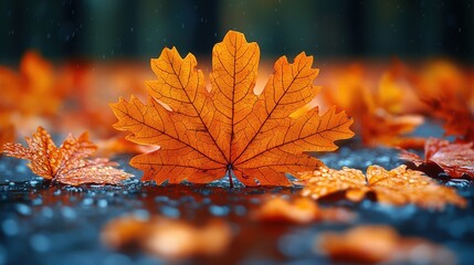 Wall Mural - Autumn Leaf with Rain Drops   Nature Photography