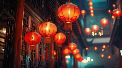 Wall Mural - Festive red lanterns on a traditional building.