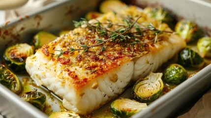 Wall Mural - Flaky baked cod with roasted Brussels sprouts