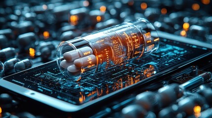 Wall Mural - Pills in a Glass Vial on a Smartphone with a Digital Interface