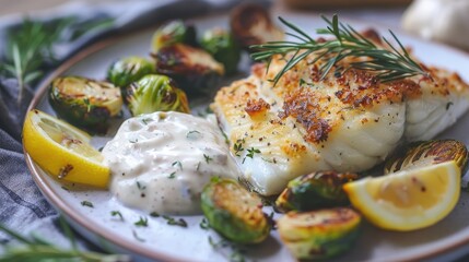 Flaky baked cod with roasted Brussels sprouts, lemon wedges, and a side of tartar sauce