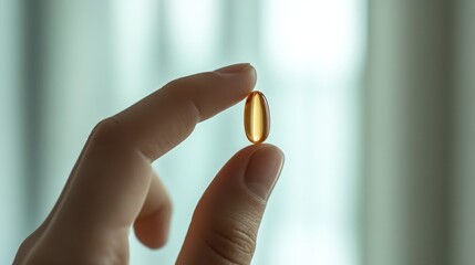 Hand Holding a Single Omega-3 Fish Oil Capsule, Health Supplement Concept