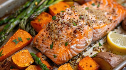 Wall Mural - Flaky baked salmon with roasted sweet potatoes, asparagus, lemon, quinoa, roasted zucchini, and a side of roasted carrots