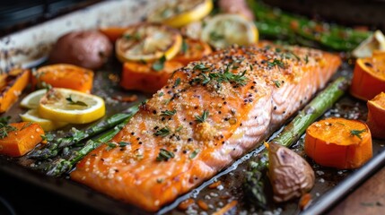 Flaky baked salmon with roasted sweet potatoes, asparagus, lemon, quinoa, roasted zucchini, and a side of roasted carrots