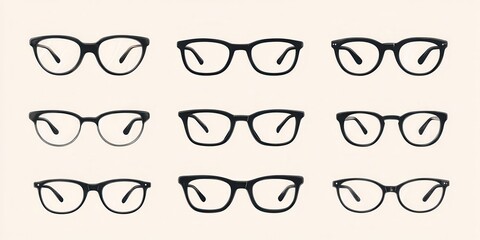 A selection of eyeglasses in different styles and frame shapes, including round,