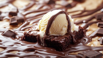 close-up of a brownie with a scoop of vanilla ice cream drizzled with chocolate sauce.