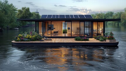 Poster - Modern Floating Home with Solar Panels on River