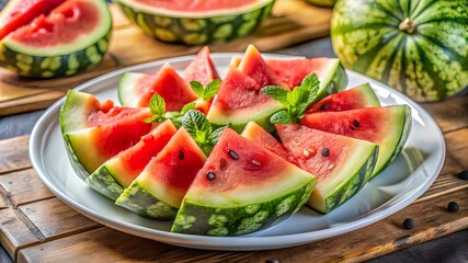 Fresh watermelon slices with mint on a white plate, colorful summer fruit display