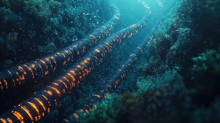 Canvas Print - Underwater Cables with Glowing Lights and Coral Reef