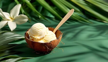 Wall Mural - Tropical ice cream delight in coconut bowl surrounded by lush leaves for summer vibes and vibrant menu design