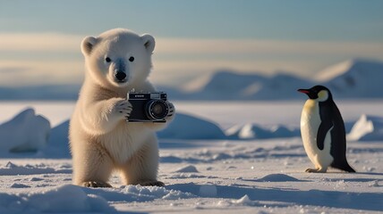 Wall Mural - polar bear holding a camera in it's hand capturing a perfect shot of a penguin, funny photography in