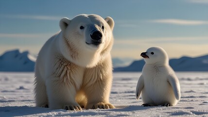 Wall Mural - a polar bear and a baby penguin in snowy place, representation of peace.