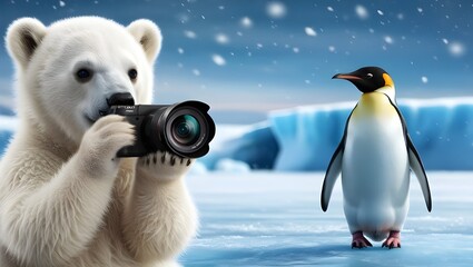 Wall Mural - polar bear holding a camera in it's hand capturing a perfect shot of a penguin, funny photography in