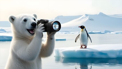 Wall Mural - polar bear holding a camera in it's hand capturing a perfect shot of a penguin, funny photography in