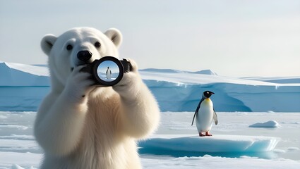 Wall Mural - polar bear holding a camera in it's hand capturing a perfect shot of a penguin, funny photography in