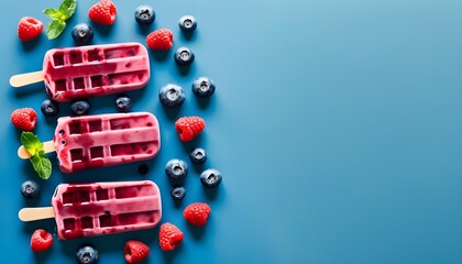 Vibrant berry ice pop on a refreshing blue backdrop with blueberries and raspberries, perfect for summer lifestyle themes and creative advertising designs