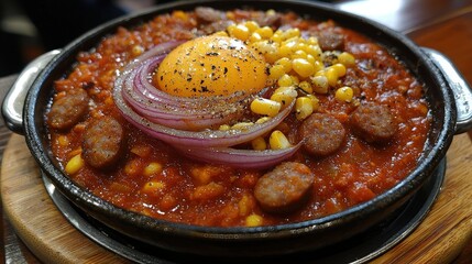 Wall Mural - Delicious Savory Dish with Sausage  Corn  Red Onion  and Egg Yolk