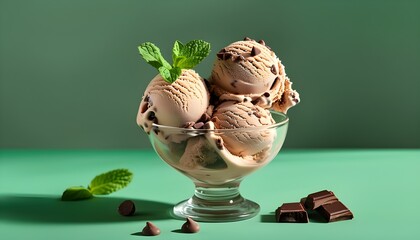 Wall Mural - Refreshing mint chocolate chip ice cream in a glass bowl against a vibrant green backdrop for summer lifestyle inspiration and creative advertising design